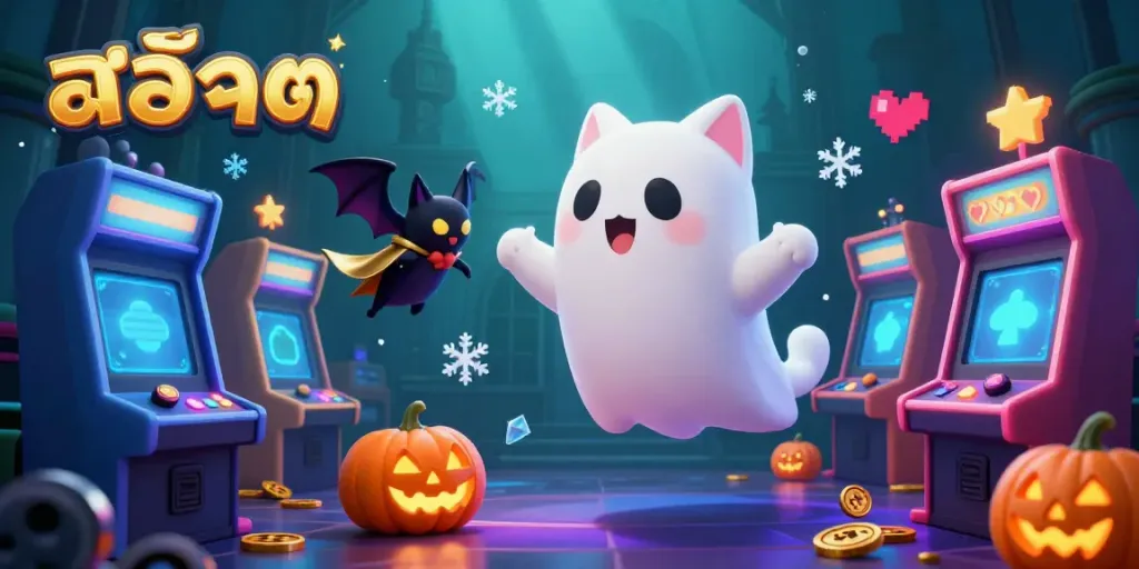 Spin the reels of สล็อต in this vibrant haunted casino scene featuring dancing ghost cat and vampire bat.