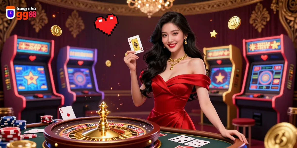 Experience the thrill of gaming at trang chủ gg88 with a stunning casino illustration featuring a glamorous dealer and golden roulette wheel.