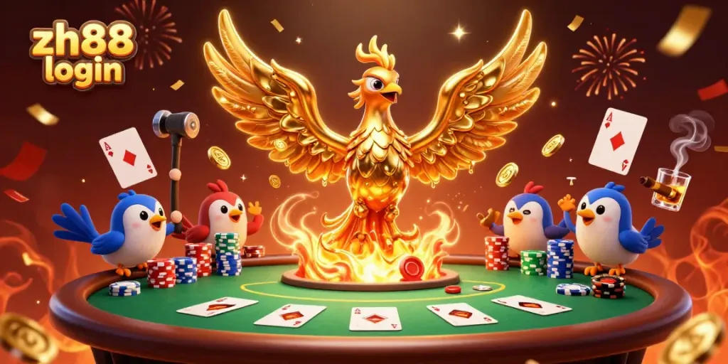 Experience the zh88 login adventure with a dramatic 3D scene of a molten phoenix and poker elements.