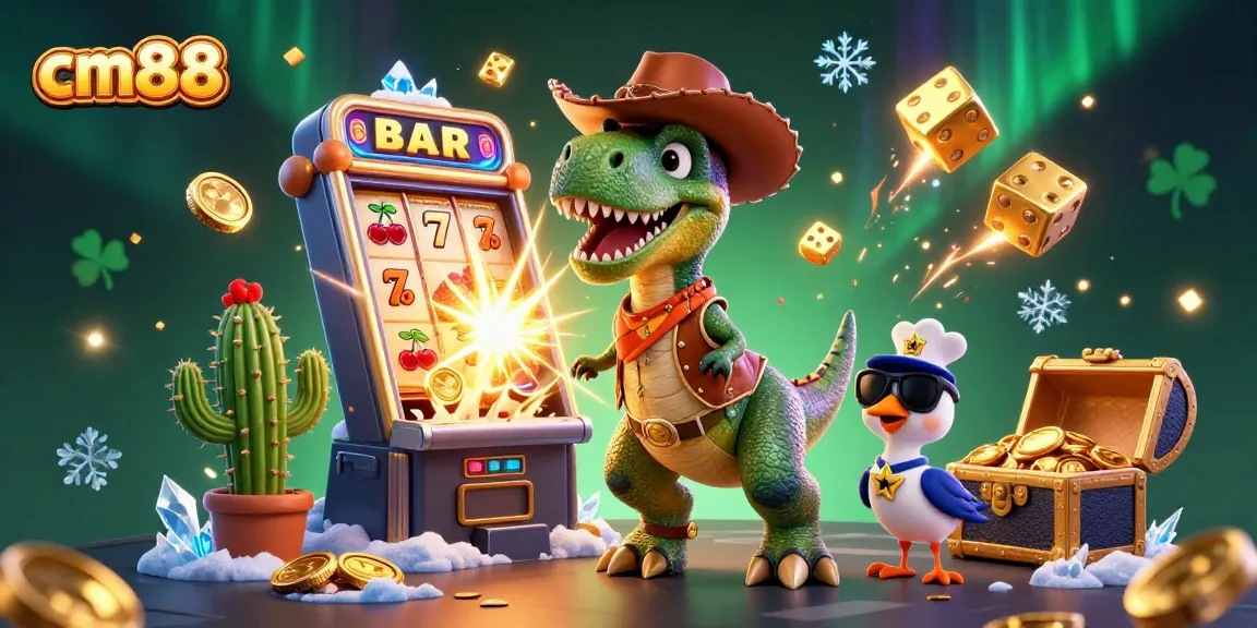Join cm88's thrilling gaming adventure with a dinosaur jackpot celebration featuring dynamic casino elements.