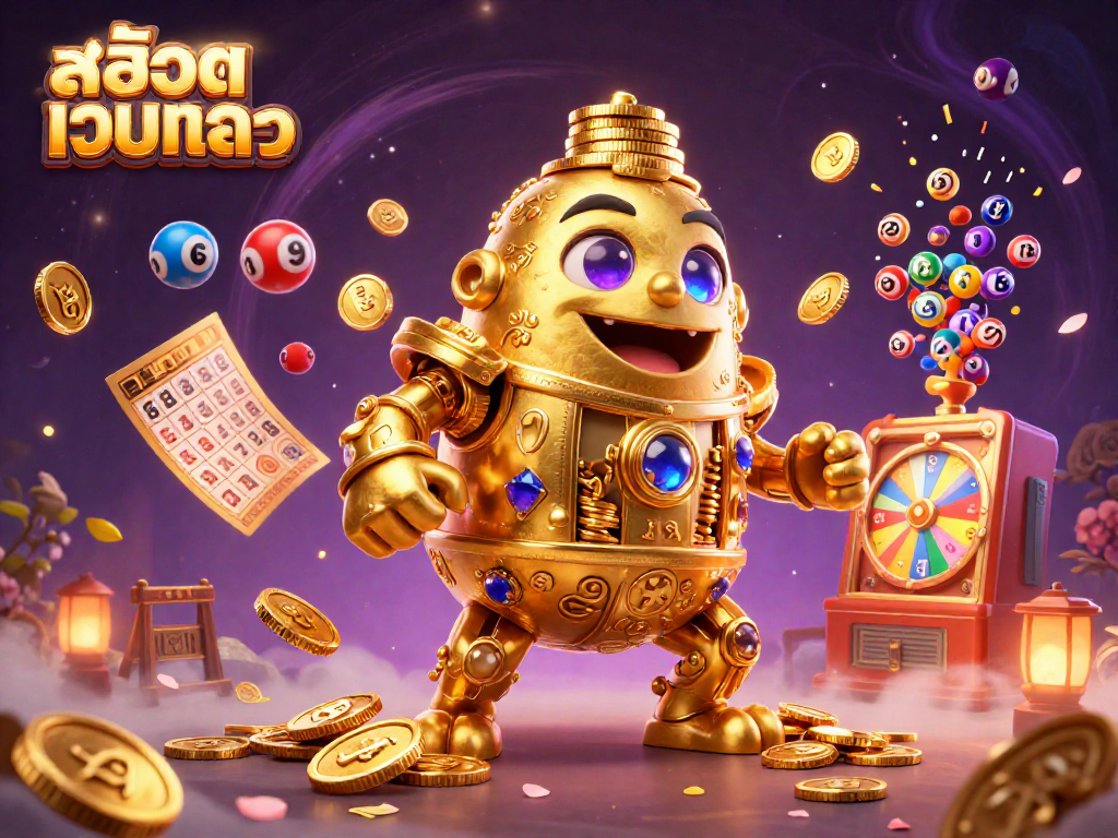 Experience the excitement of สล็อตเว็บตรง with a golden golem as coins swirl and jackpot elements fill the air.