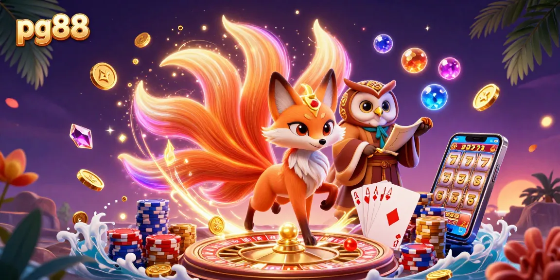 Engage in casino actions with pg88's vibrant characters amidst coins and excitement.