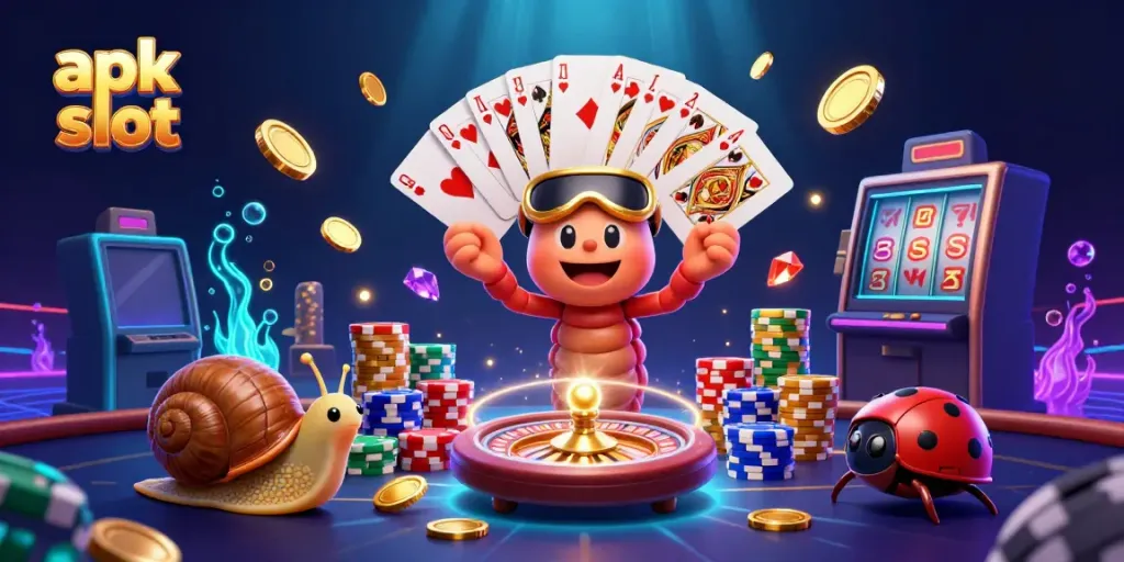 Menangkan apk slot dengan dealer kartun dan tumpukan chip di kasino.