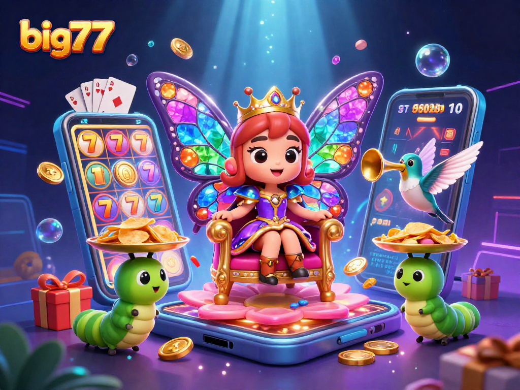 Experience the vibrant world of big777 with a butterfly queen and dynamic casino symbols.