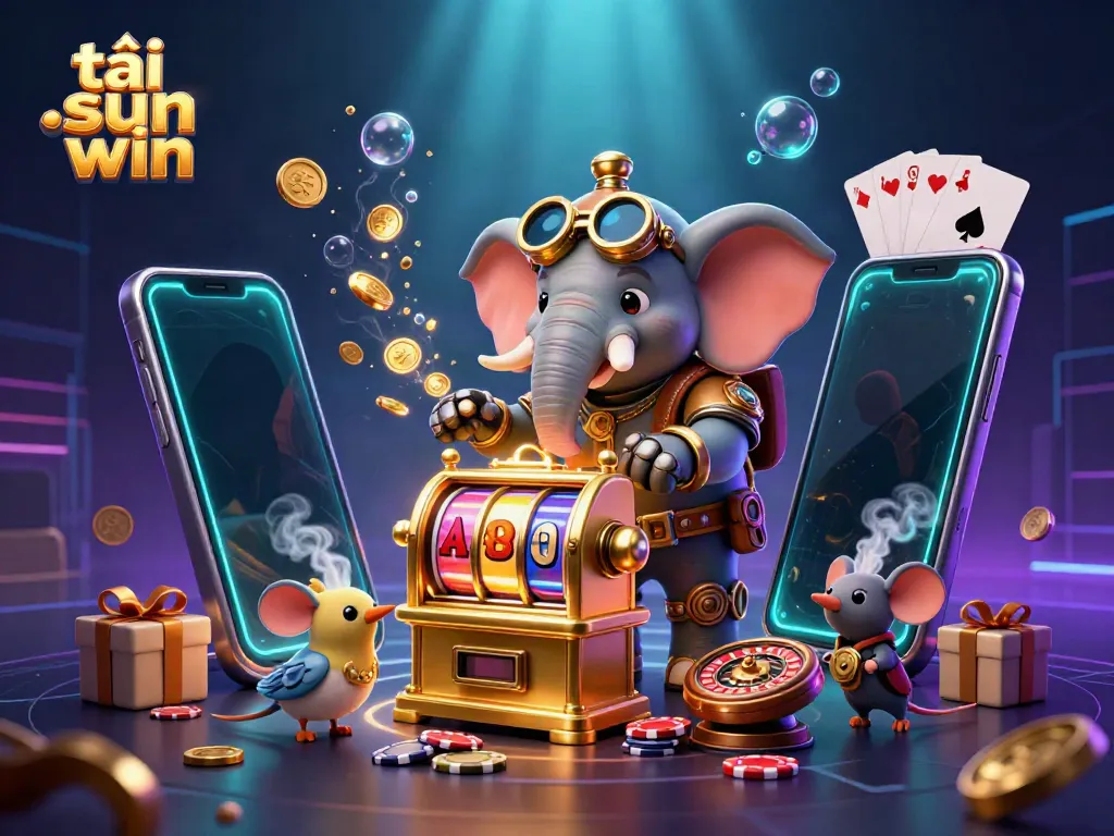 Engage in the excitement of tải sun win with steampunk characters playing slots and showcasing vibrant casino elements.