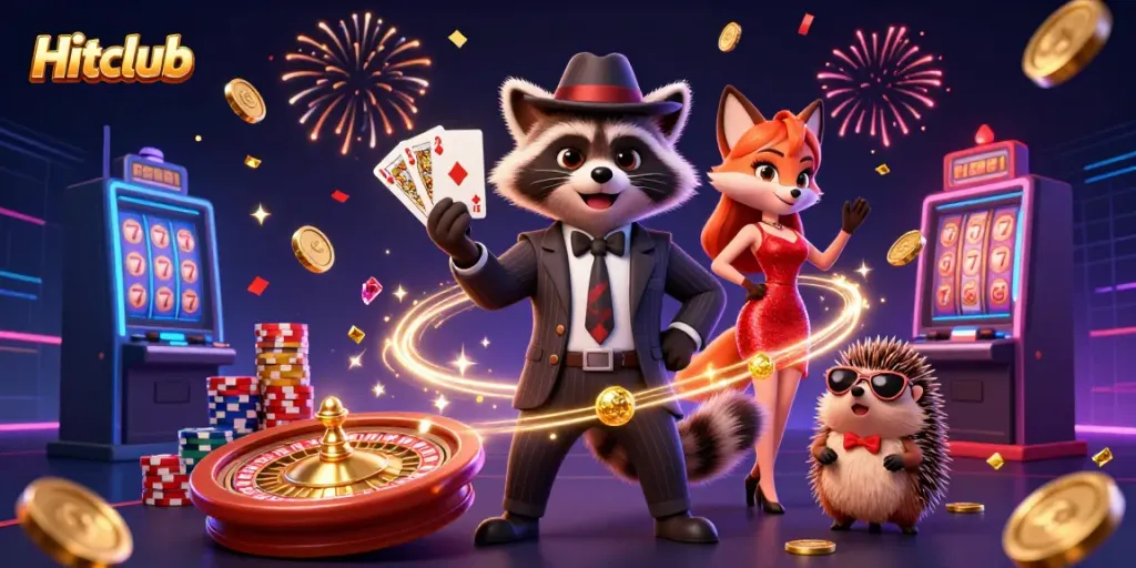 Hitclub features an exciting scene with cartoon animals celebrating wins in a vibrant casino atmosphere.