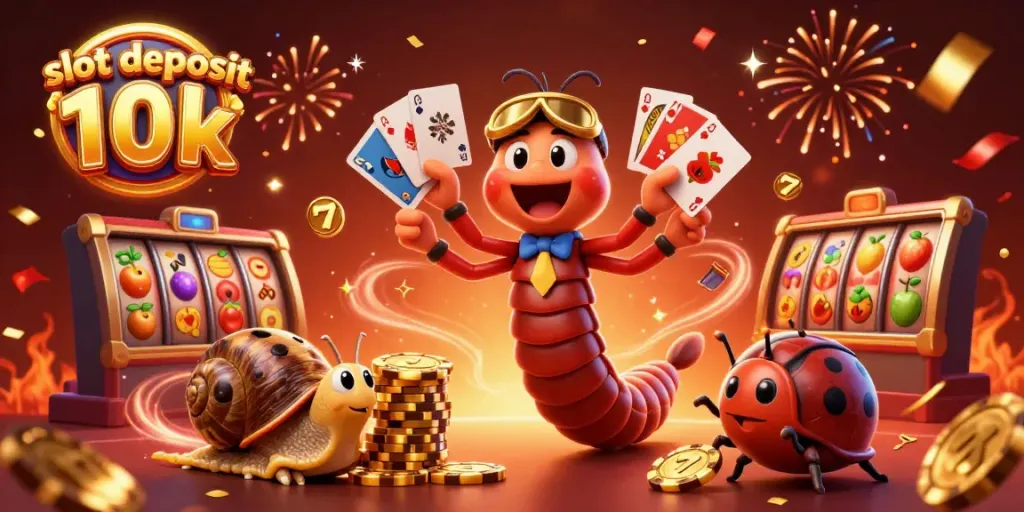 Menentukan kemenangan di slot deposit 10k dengan dealer kartun yang energik dan simbol keberuntungan.