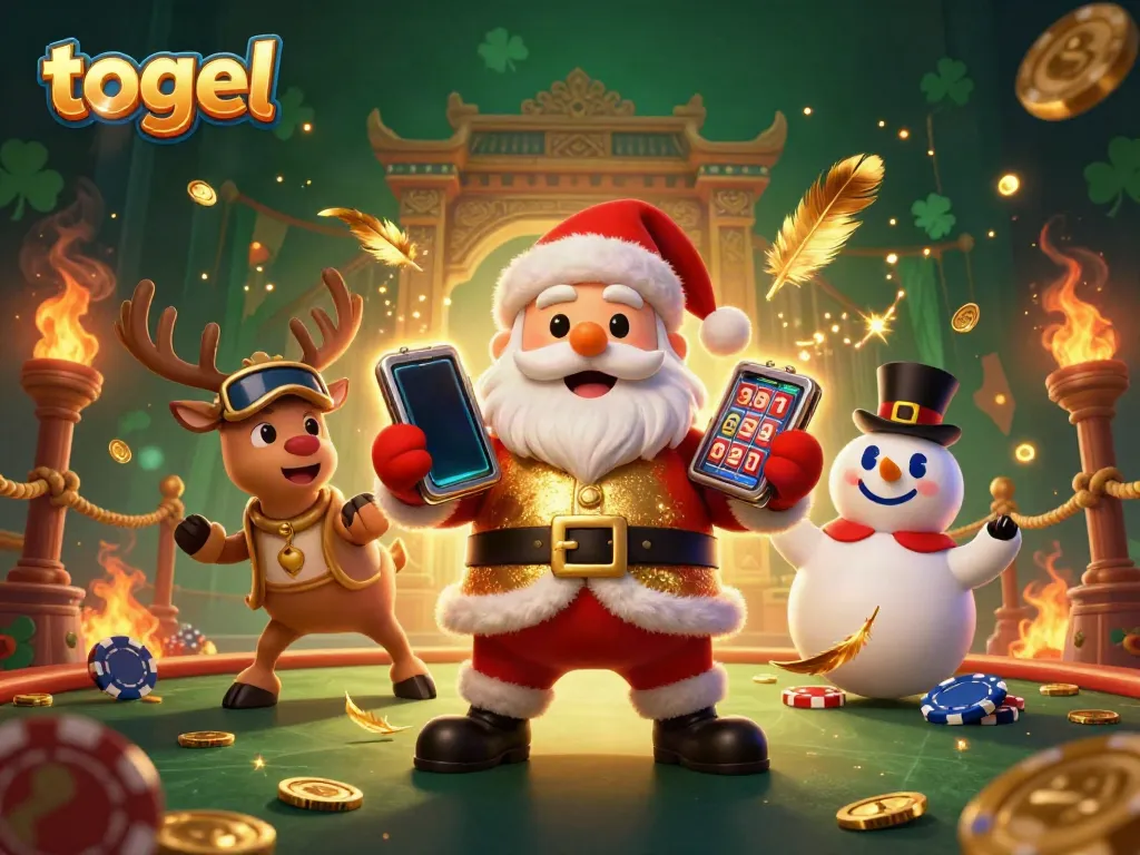 Spin to win in Togel with Santa and friends in a vivid casino scene filled with excitement.