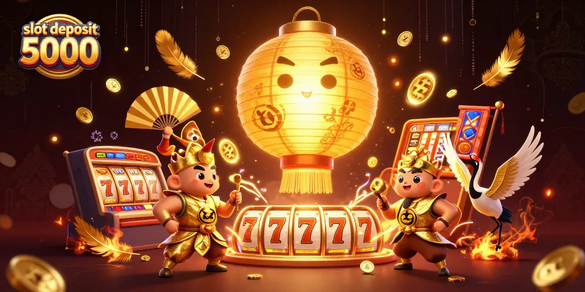 Experience slot deposit 5000 action with golden lanterns and slot reels in vibrant 3D illustration.