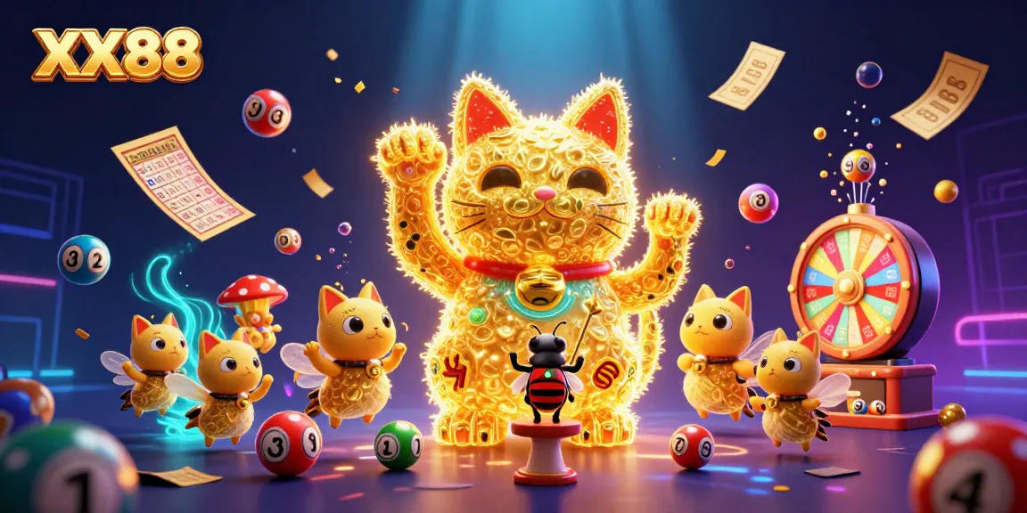 Experience thrilling moments with XX88, featuring a giant lucky cat and vibrant lottery elements.