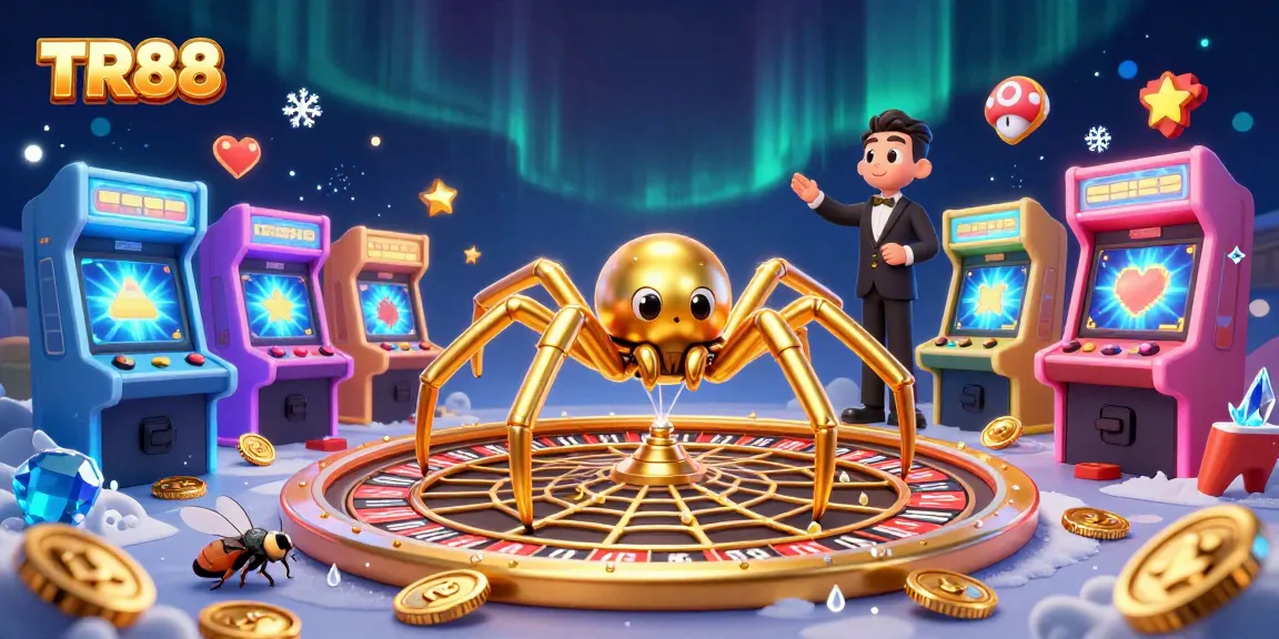TR88 engages players in a vibrant online casino scene with a golden spider and colorful arcade games.