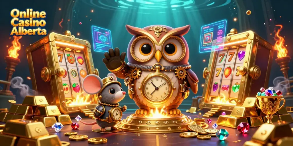 Engage with Online Casino Alberta through a vibrant 3D illustration featuring a time-traveling owl amidst dynamic casino elements.