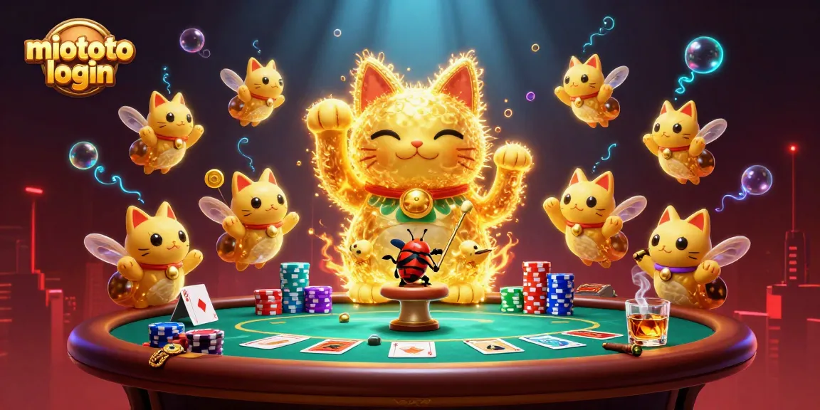 Engage with miototo login through this vibrant illustration featuring a lucky cat amidst poker elements.