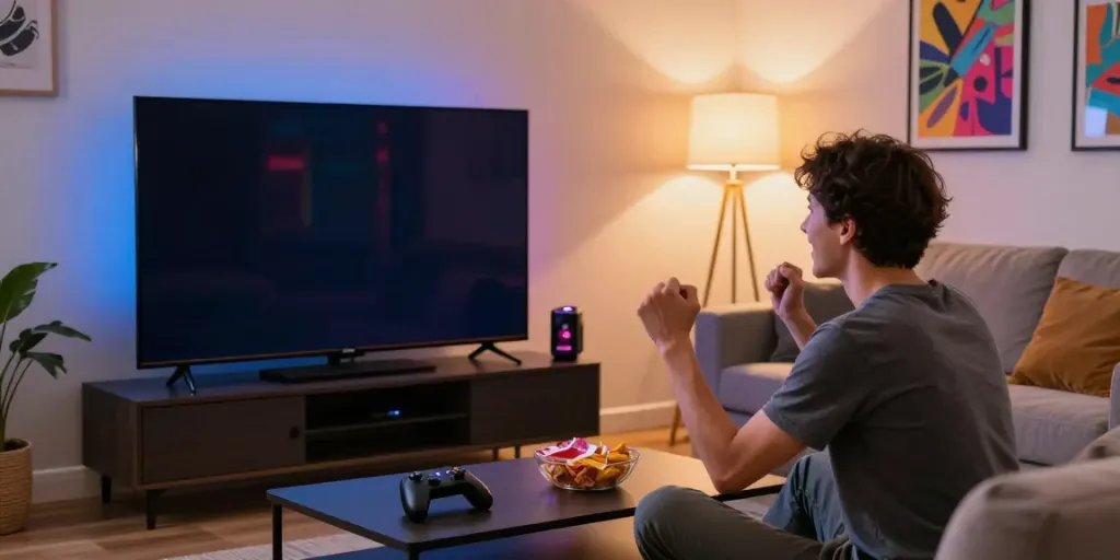 Exciting online slot gaming experience with a vibrant scene in a cozy living room.
