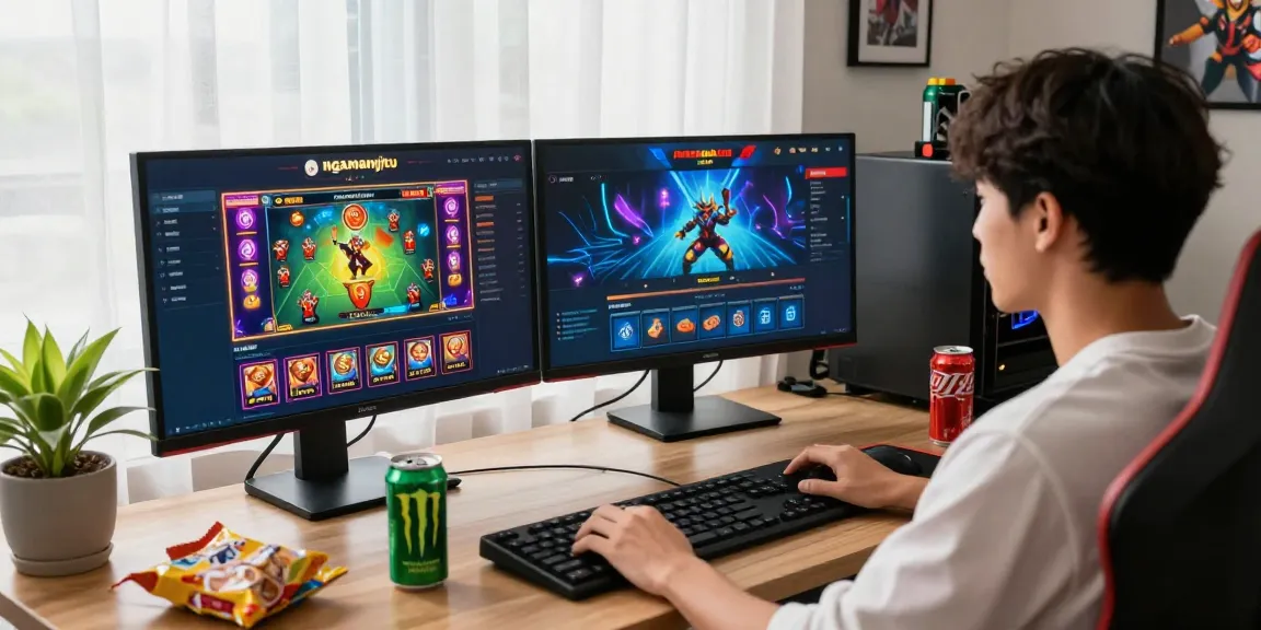 Engaging ngamenjitu online gaming experience with a player at dual monitors showcasing vibrant slot games.