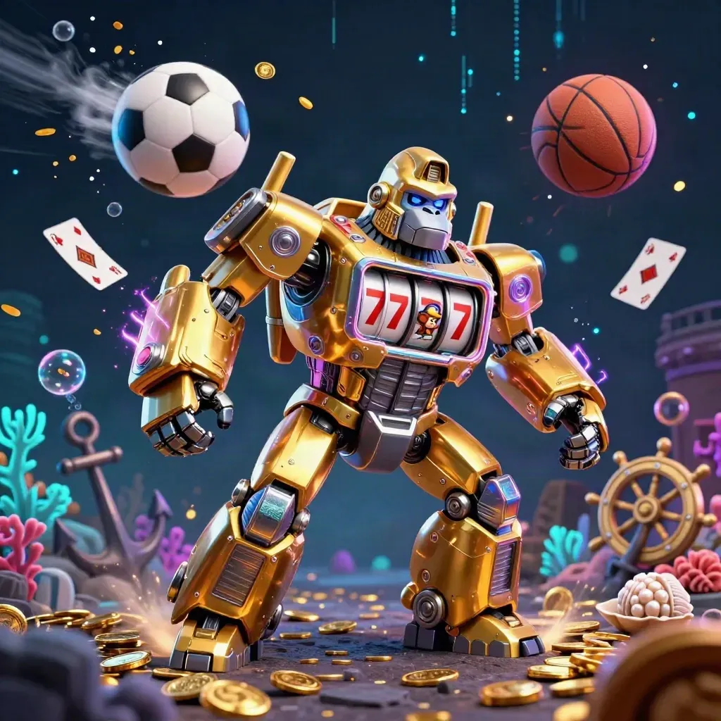 Golden gorilla slot mech with sports balls, treasure cove effects, and neon casino energy