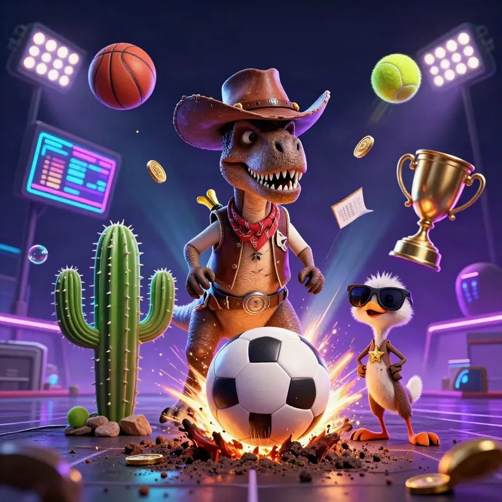 Cowboy T-Rex, cactus, and roadrunner surround a bursting soccer ball in neon casino style.
