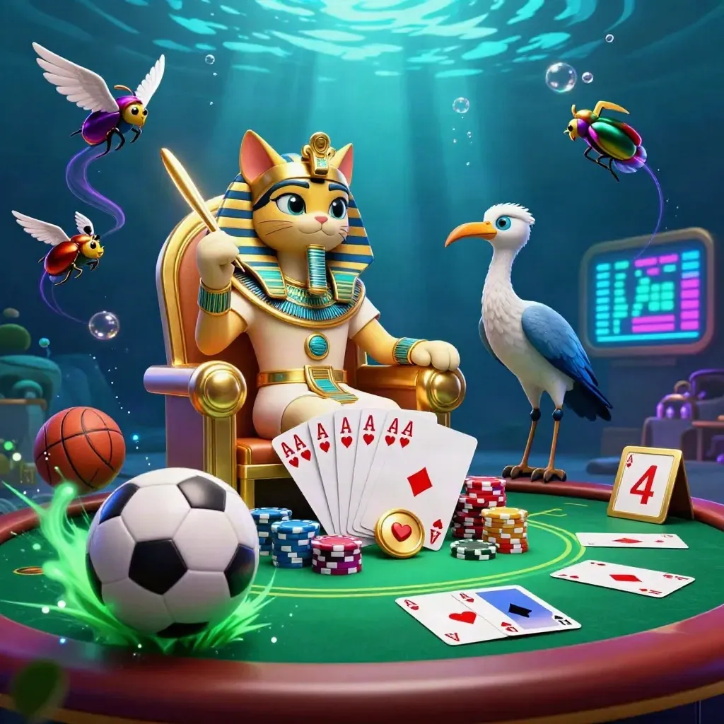 Pharaoh cat and ibis on a golden throne amid flying chips, balls, and underwater neon light.