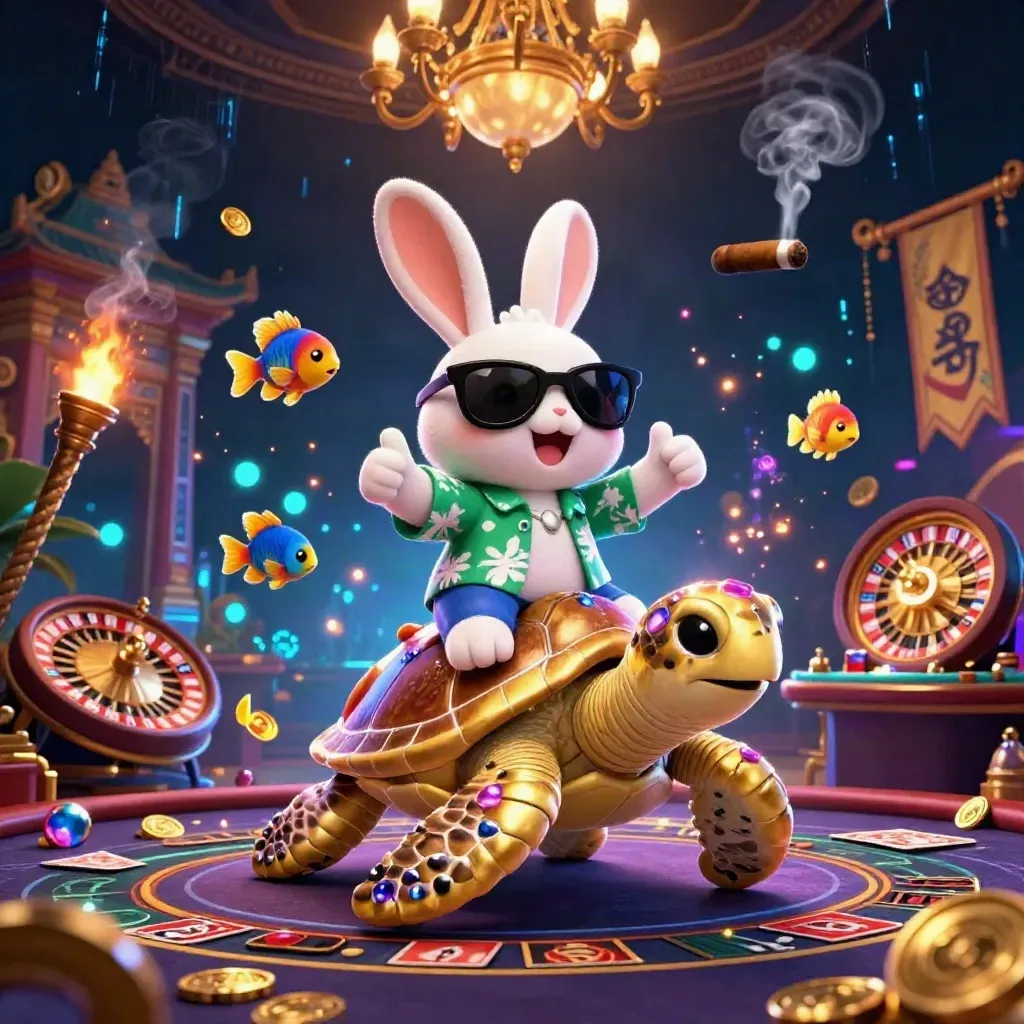 Rabbit on gold turtle amid casino magic, neon effects, temple gate, roulette and cards, in luxe dark room