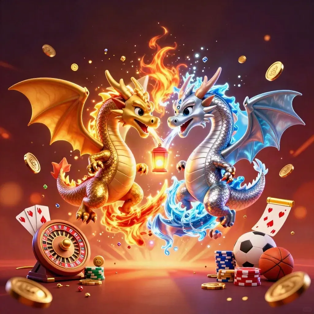 Gold and silver dragons clash mid-flight amid casino symbols, coins, ember light, and a lantern spirit.