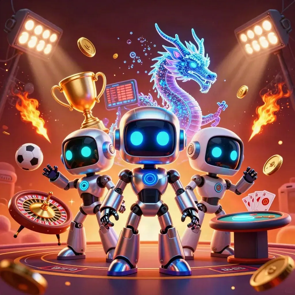 Cyberpunk robot, holographic dragon, and coin drone amid casino sports icons and glowing embers.