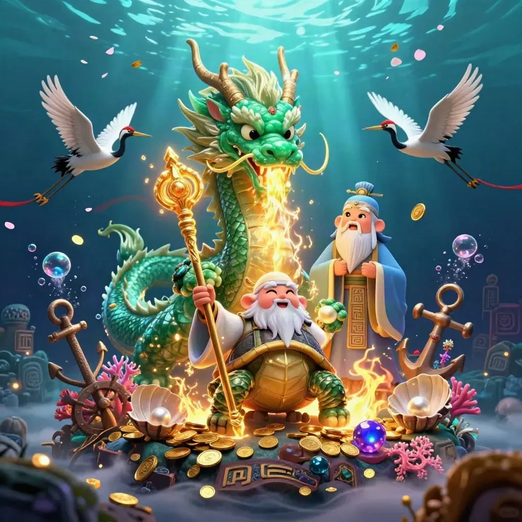 Emerald dragon, turtle sage, and cranes in an underwater treasure cove with golden fire and coins.