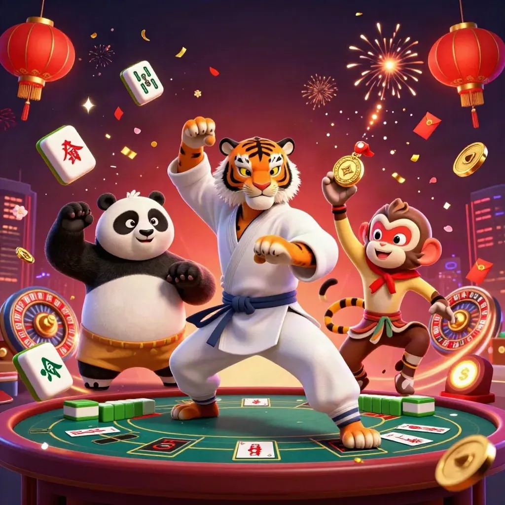 Kung-fu tiger, panda, and monkey amid casino-fantasy effects, lanterns, coins, and fireworks.