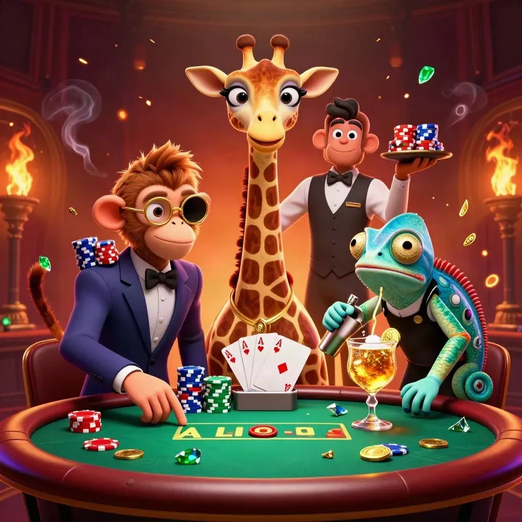Giraffe high roller, monkey valet, and chameleon bartender at a glowing casino poker table.