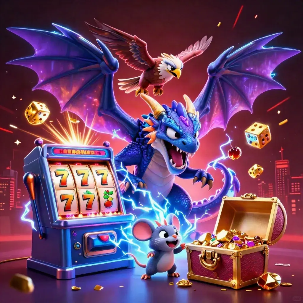 Thunder dragon, wind hawk, and crackling mouse amid exploding slot loot and neon lightning.