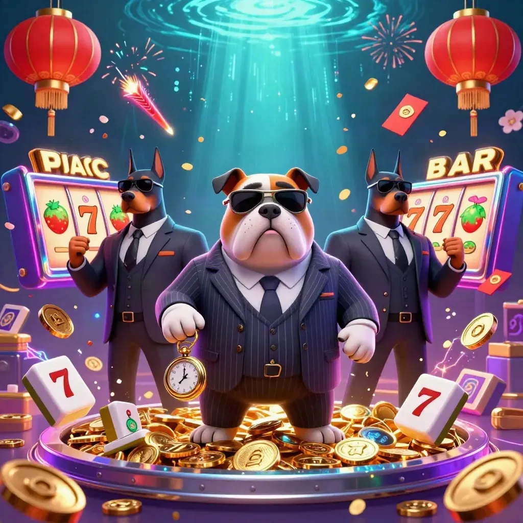 Bulldog boss and Doberman guards amid coins, lanterns, reels, and neon vault explosions.
