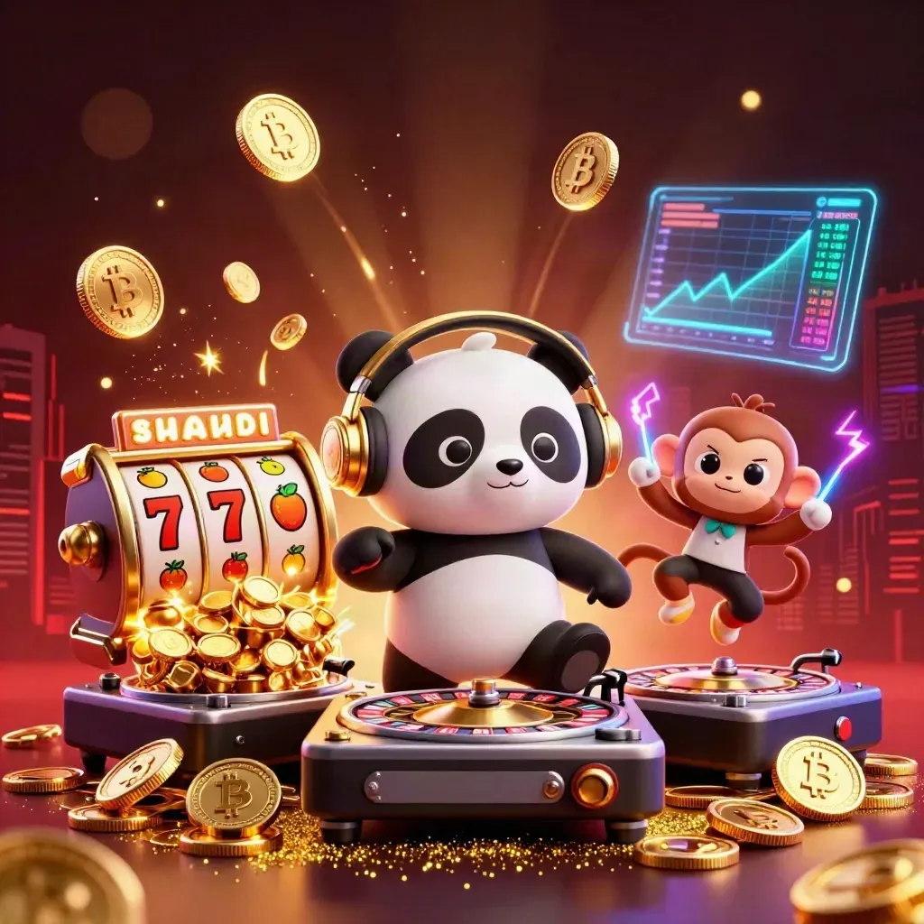 DJ panda, breakdancing monkey, and rave kitten amid coins, vault light, and casino neon.