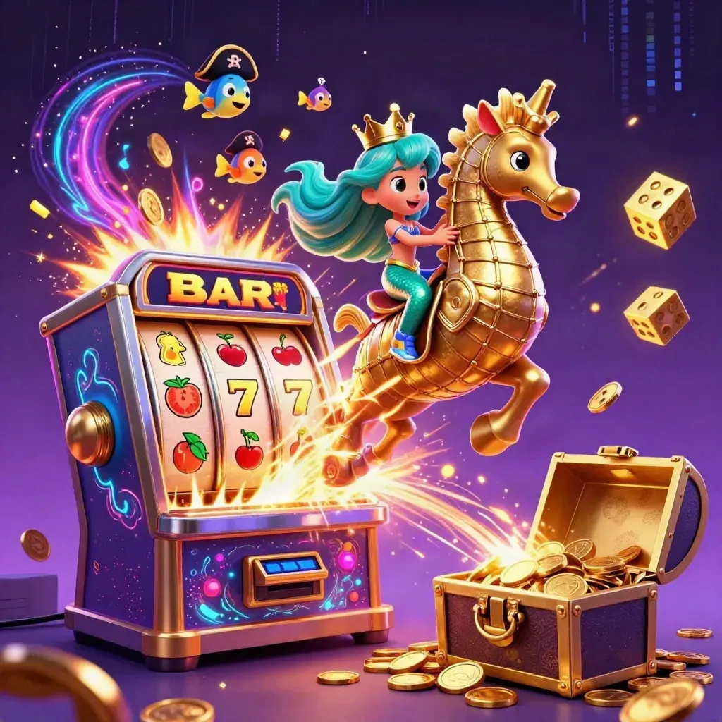 Mermaid princess on golden seahorse amid slot symbols, coins, fireworks, and magical neon casino energy.