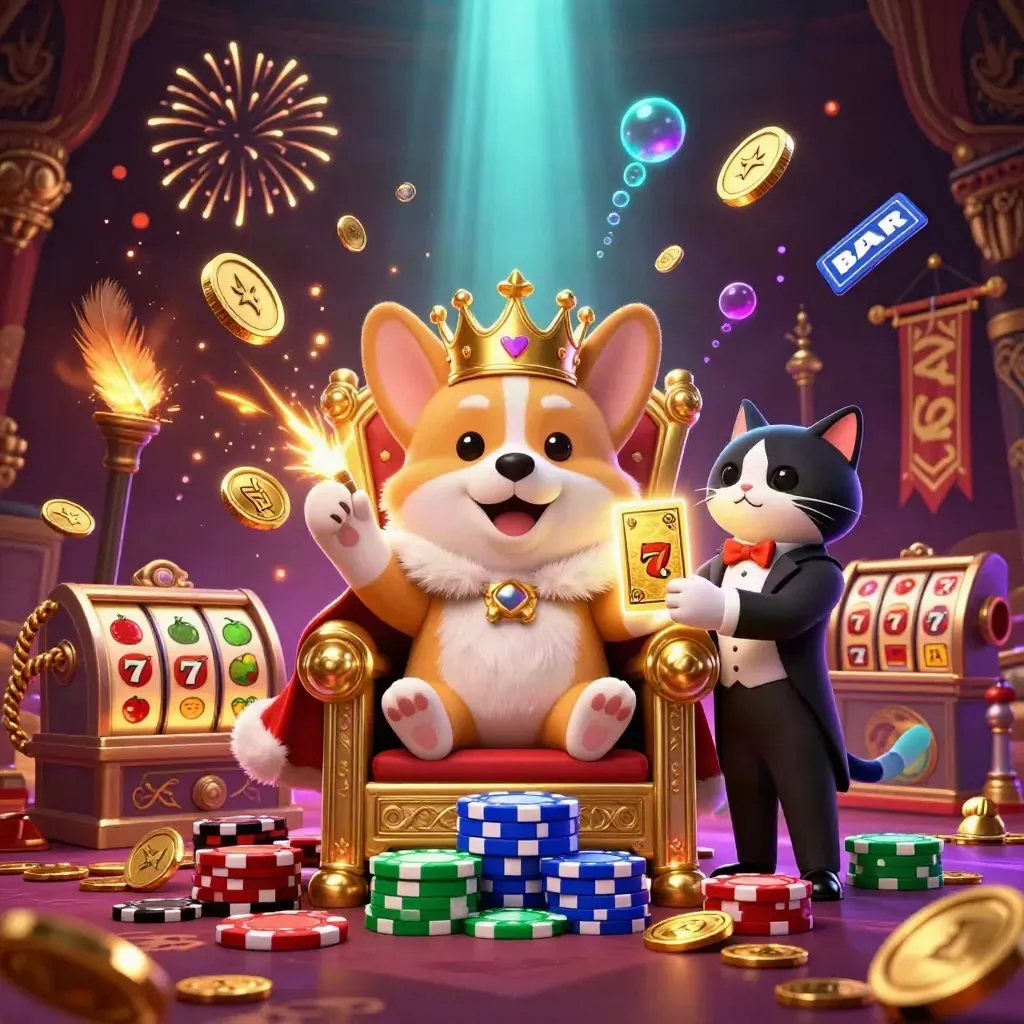 Royal corgi and cat butler amid coins, fireworks, temple gate, reels, and casino glow.