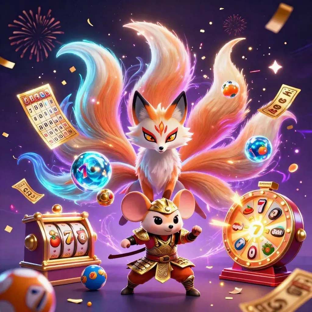 Nine-tailed fox spirit and golden samurai mouse amid slot reels, lottery balls, and neon magic.