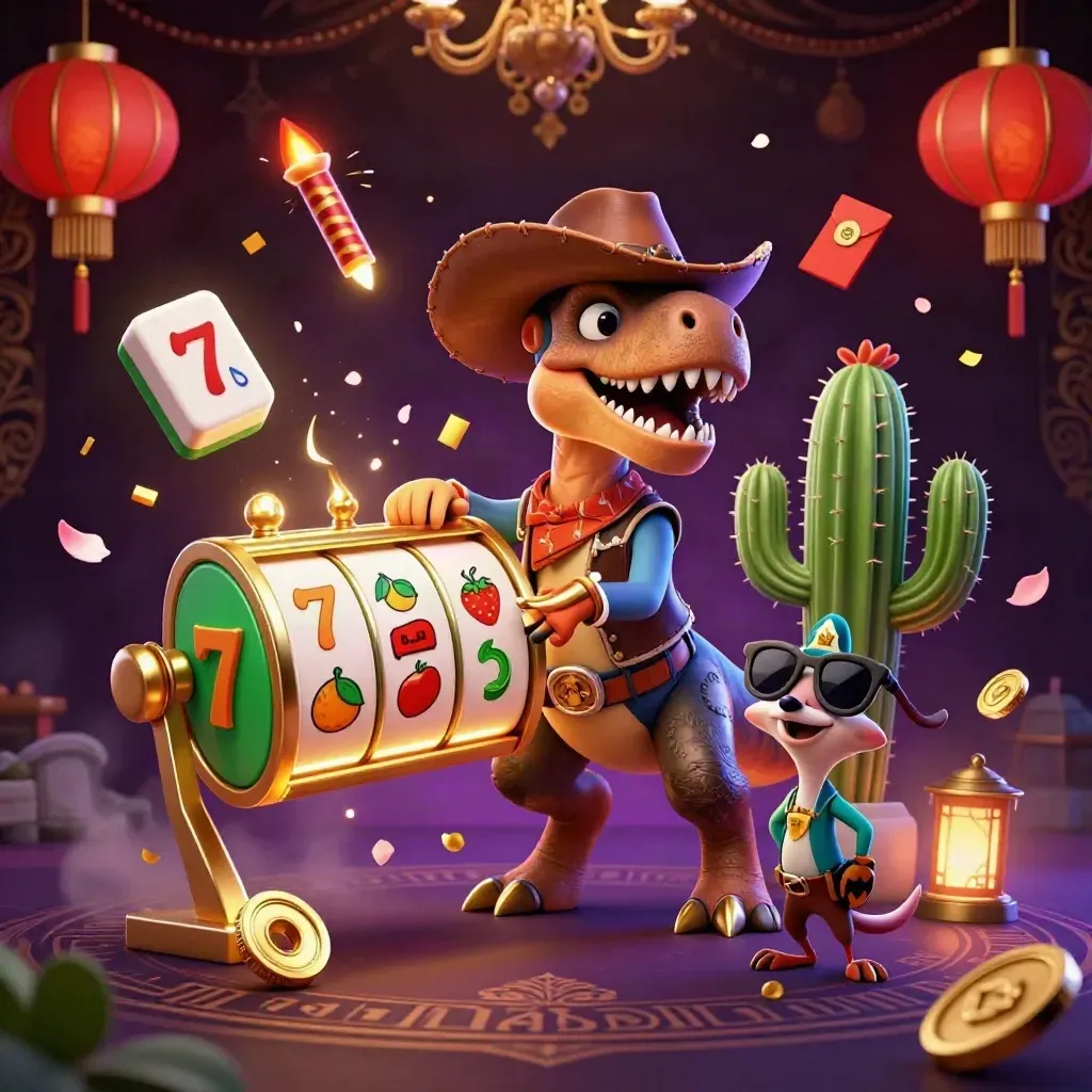 Cowboy T-Rex, cactus sidekick, and roadrunner amid casino symbols and glowing gold accents.