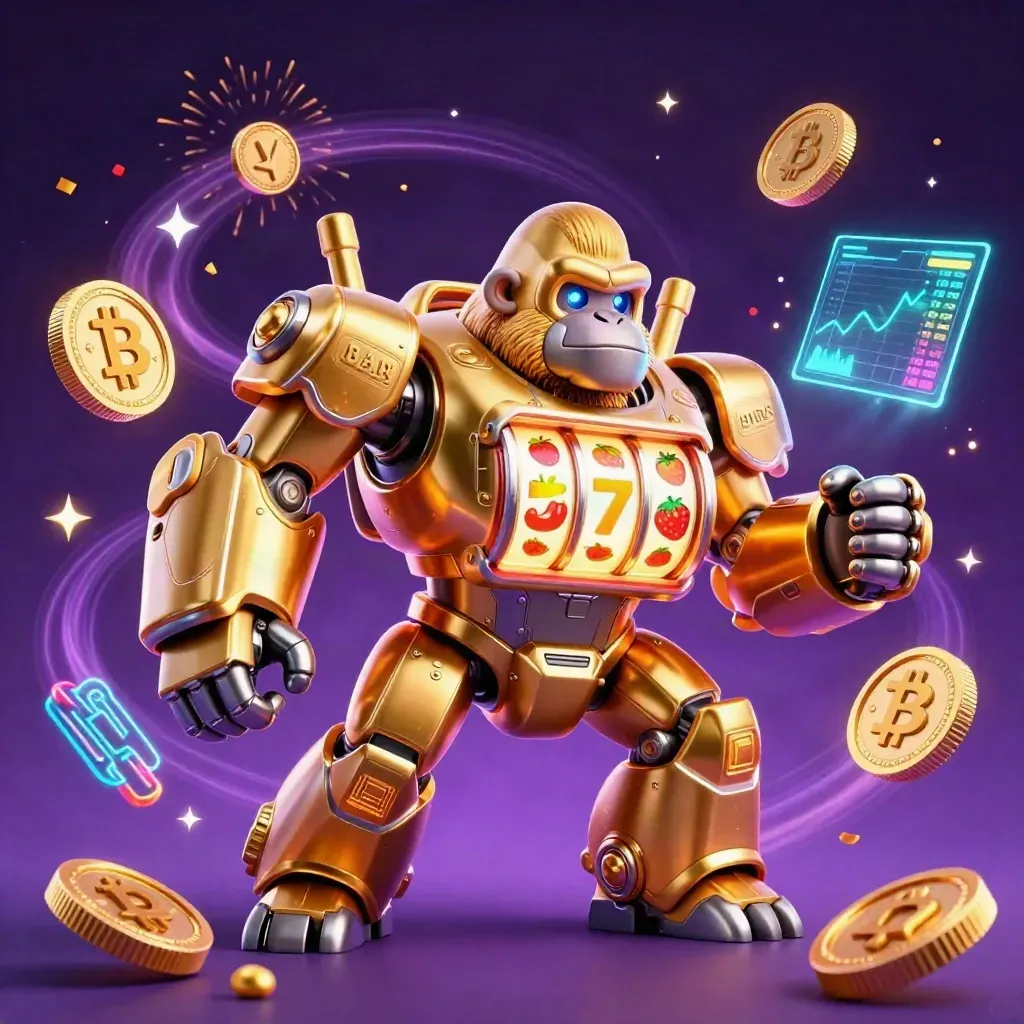 Golden gorilla slot mech with monkey pilot, crypto coins, lightning, and fireworks on a purple casino backdrop