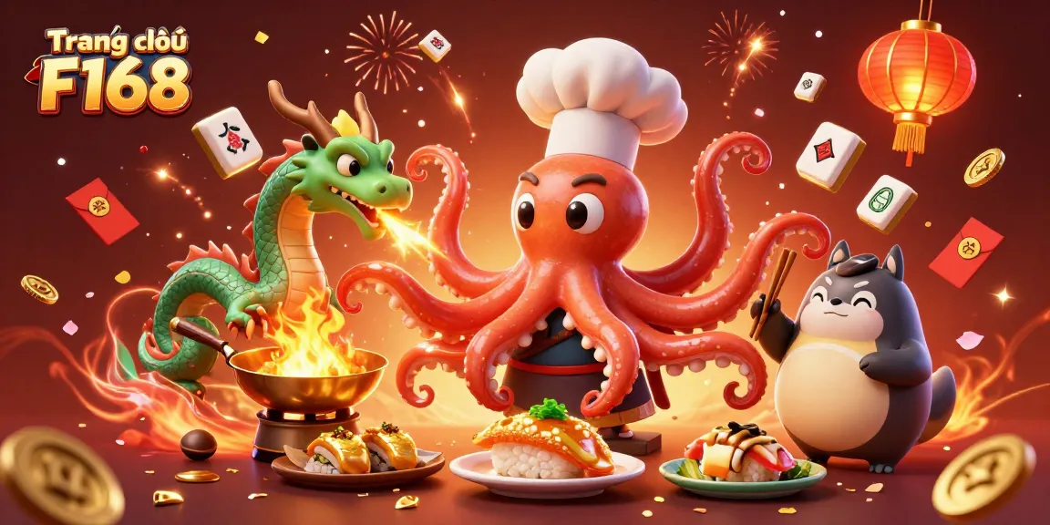 Experience the excitement of Trang chủ F168 with an illustrated scene of a sushi chef octopus, a dragon, and a tanuki, immersed in casino-themed celebrations.