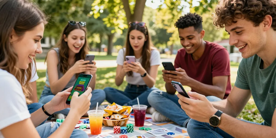 Group playing Teen Patti Gold apk file outdoors with smartphones and snacks.
