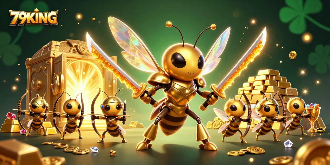 Engage in thrilling 79KING casino adventures with a vibrant 3D illustration of hornets and treasures.
