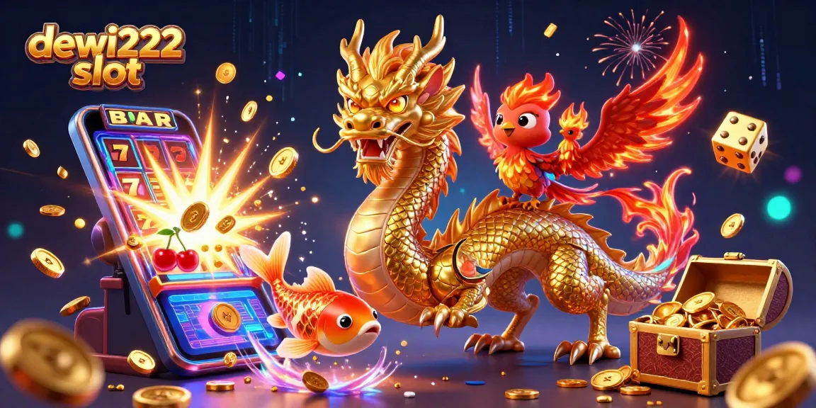Wujudkan keseruan bermain dewi222 slot dengan kombinasi naga, phoenix, dan ikan koi, dikelilingi oleh mesin slot mewah.