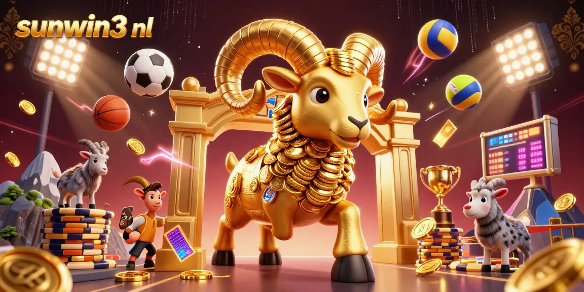 Experience thrilling action at sunwin3 nl with a dynamic 3D illustration of a golden ram charging through a casino-themed scene.