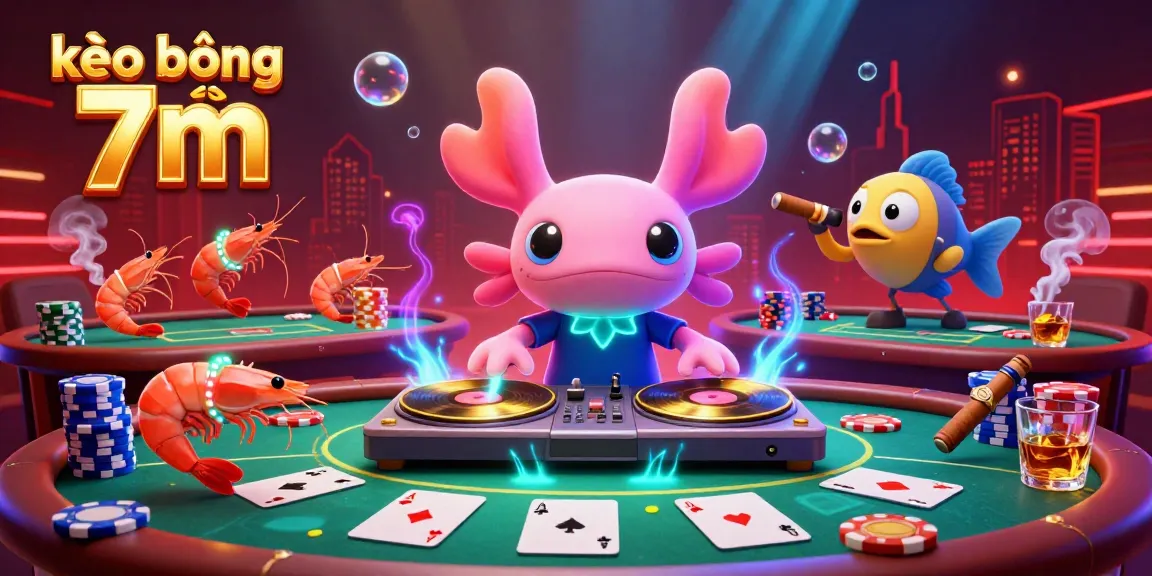 Experience kèo bóng đá 7m with vibrant characters in a dynamic casino scene filled with poker elements.
