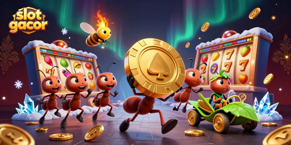 Melihat slot gacor dengan antusias, tim semut membawa chip poker emas besar dalam ilustrasi