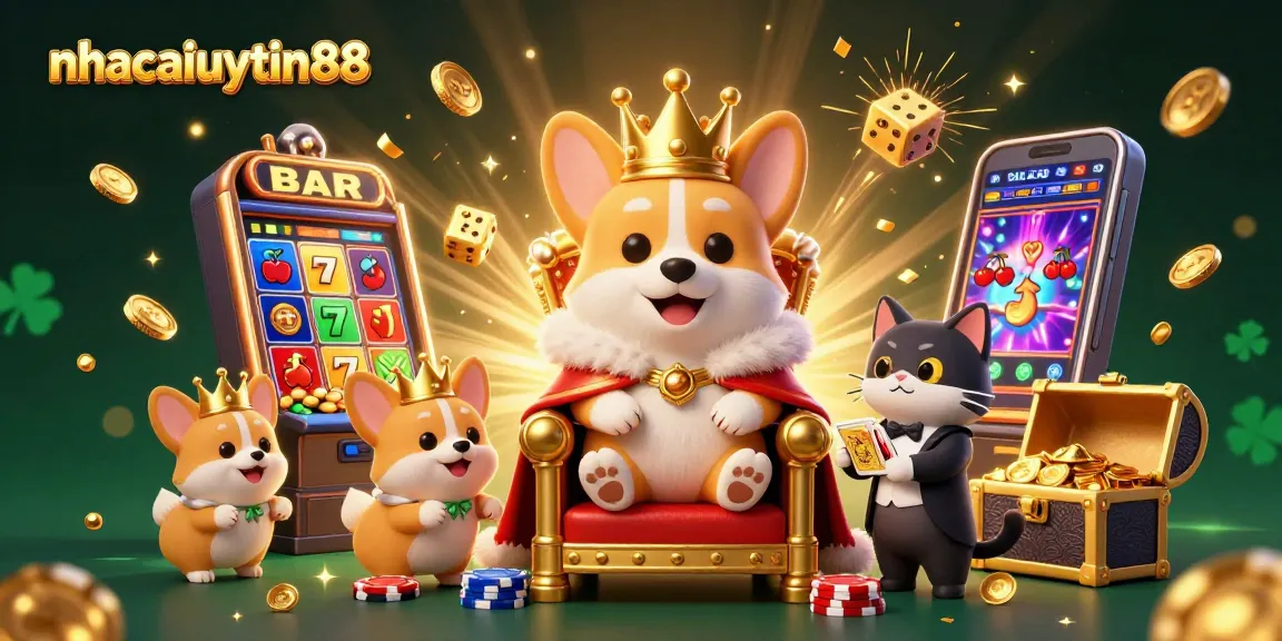 Spin to win big at nhacaiuytin88 with this vibrant casino scene packed with slots and playful corgis.
