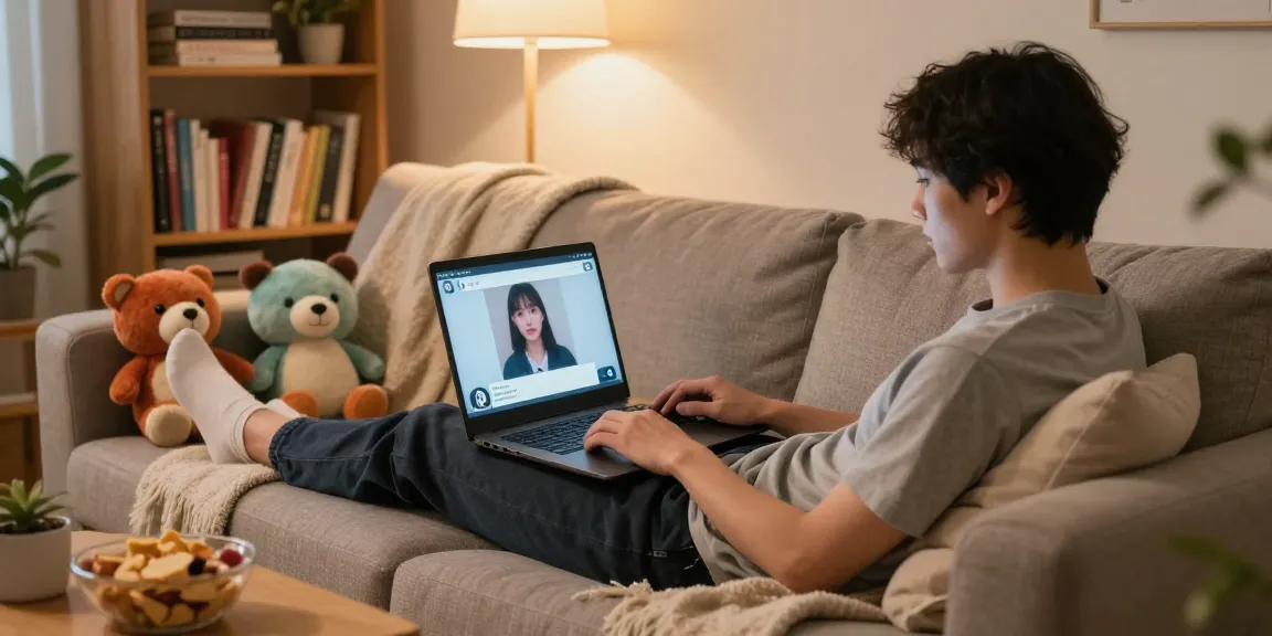 Intimate moment of engaging in nsfw ai chat with a virtual character in a cozy home setting.