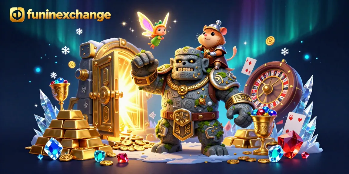 Experience exciting wins with funinexchange as a magical golem, fairy companion, and hamster knight engage in a rich casino scene.