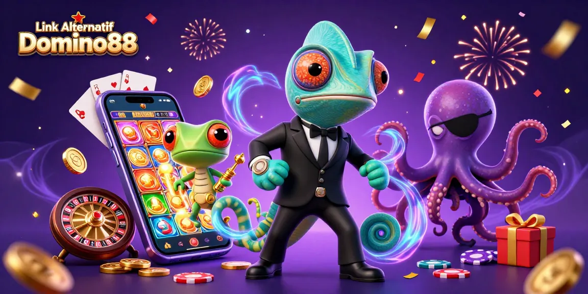 Link Alternatif Domino88 featured in an engaging 3D gaming illustration with vibrant casino action elements.