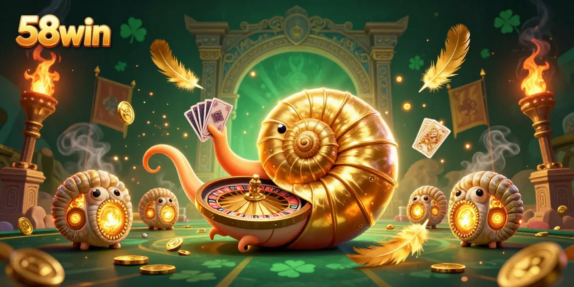 Experience the excitement of 58win with a vibrant, animated nautilus as a roulette wheel encompassing casino fun.