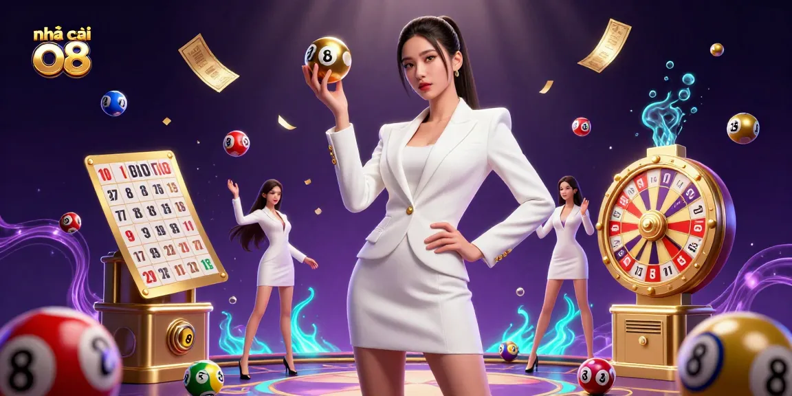 Play exciting games at nhà cái o8 with vibrant elements like lottery balls and prize wheels amidst a luxurious casino scene.
