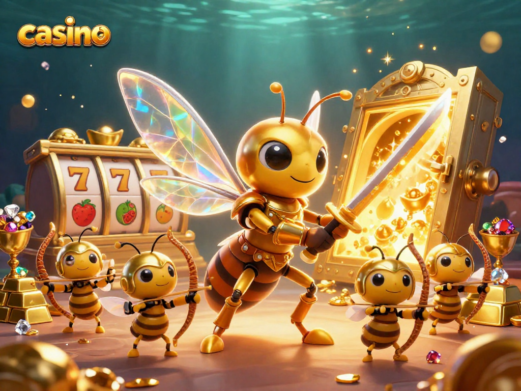 Engage with the dynamic casino scene featuring a giant hornet in samurai armor amidst vibrant slot symbols and treasures.